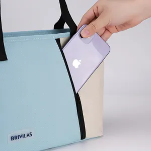 Stylish blue and beige insulated lunch bag with practical side pocket for daily work use.