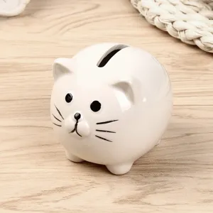 Weißes Keramik süßes Katze Sparschwein, dicker Kater Münzbehälter und Geldsparer für Kinder.