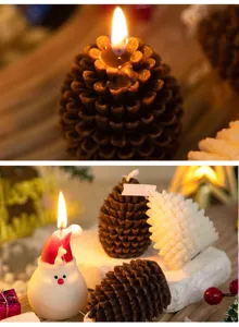 Christmas pinecone scented candle detail view, festive holiday gift aromatic decor piece