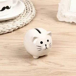 Niedliche weiße Keramik Katze Sparbüchse für Kinder, süßer Tier Münzbehälter Schreibtischdeko.