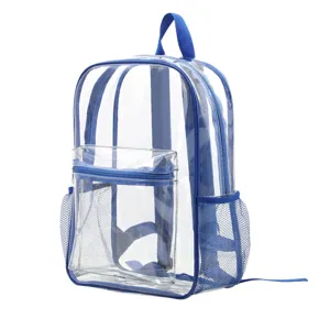 Transparante PVC rugzak met blauwe rand en gaasvakken voor school reizen dagelijks gebruik