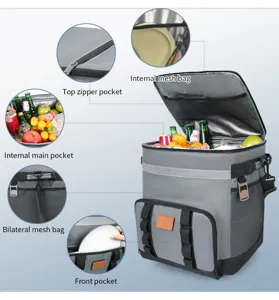 Vue détaillée du sac isotherme montrant la poche zippée supérieure et les compartiments.