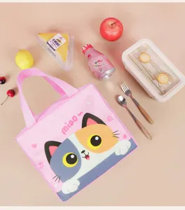 Pink cartoon cat insulated lunch bag detail shot, portable meal container organizer.