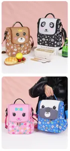 Cute cartoon animal insulated lunch bag portable canvas cooler tote for school and office use.