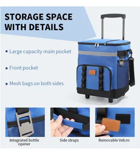 Sac glacière à roulettes de grande capacité, avec poches multiples et ouvre-bouteille intégré.