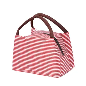Red and white striped insulated lunch bag with sturdy brown handles, perfect portable cooler tote.