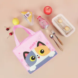 Cute pink insulated lunch bag for school and work, portable thermal cartoon food container tote.