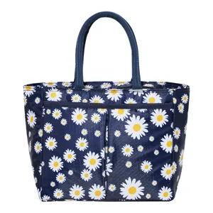 Blue daisy print insulated lunch bag portable oxford cloth cooler handbag for daily work picnic