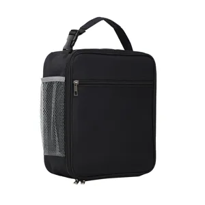 Black insulated lunch bag with mesh pocket and zipper for daily office and school use.