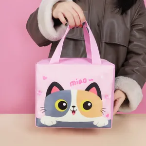 Cute pink insulated lunch bag for women and kids, portable thermal bento tote with cat face.
