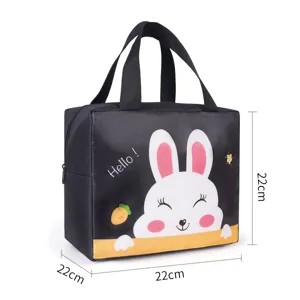 Portable insulated lunch bag for office or school, black cartoon rabbit design, 22x22cm.