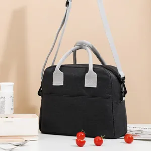 Cationic fabric thermal lunch bag detail, large capacity bento bag with sturdy straps.
