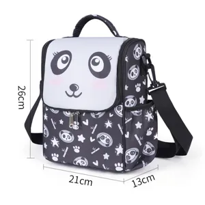 Cute panda insulated lunch bag with shoulder strap, portable thermal cooler bag for school.