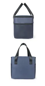 Detailed view of the square blue insulated lunch bag featuring durable fabric and sturdy handles.
