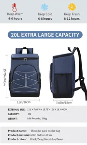 Insulated cooler backpack 20L large capacity waterproof outdoor picnic travel backpack navy blue