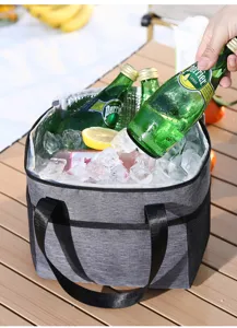 Closeup of portable insulated cooler bag filled with ice and drinks for outdoor picnic camping.