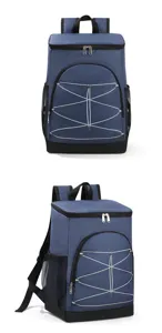 Blue thermal cooler backpack detail view, featuring front bungee cord and mesh side pockets.