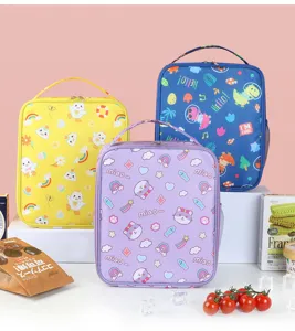 Portable insulated lunch bag detail, cute cartoon printed student bento box storage pouch.