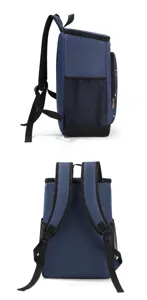 Detailed view of the dark blue insulated backpack featuring side mesh pockets and straps.