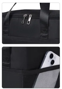 Black cooler lunch bag detail showing smooth dual metal zippers and side mesh pocket design.