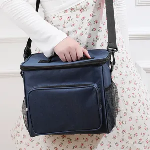 Portable insulated lunch bag with shoulder strap, dark blue waterproof cooler bag for picnic.