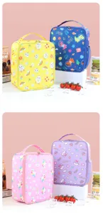 Cute cartoon patterned insulated lunch bag, portable square bento bag for students and daily meals.