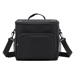 Black insulated lunch bag with shoulder strap, portable cooler bag for work and picnic.