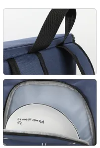 Blue insulated backpack detail view showing strong straps and interior storage pocket design.