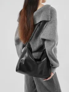 Zwarte lederen hobo schoudertas voor dames, grote capaciteit casual tas voor dagelijks gebruik