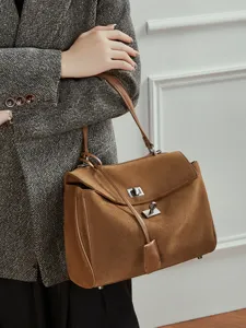Women Suede Tote Bag Vintage Genuine Leather Top Handle Shoulder Crossbody Bag Metal Lock Closure Casual Handbag