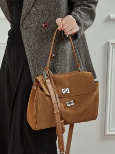 Brown suede women shoulder bag stylish large capacity classic lock messenger bag for daily use.