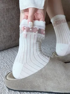 Close up detail of white mesh polka dot socks with delicate lace trim worn with cozy slippers.