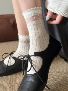 Close-up detail of white sheer polka dot lace mid-calf socks paired with black flat shoes.