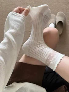 White dot mesh mid-calf socks for women, breathable thin lace ruffle summer design daily wear.