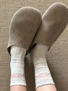 White sheer dot lace mid tube socks for women, breathable mesh summer socks with cute ruffles.