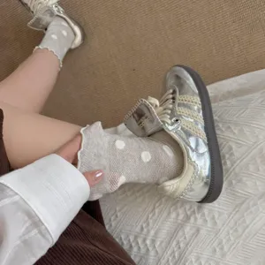 White polka dot sheer mesh mid tube socks for women, breathable summer lace design, cute style.