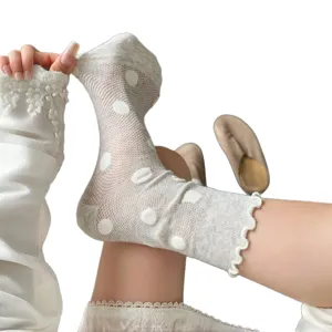 Women's white polka dot mesh mid-tube socks, summer thin breathable lace ruffle casual hosiery.