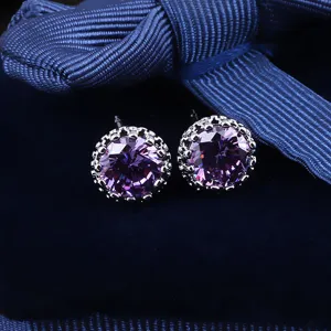 Runde lila Kristall Zirkon Kronen Ohrringe in Kupfereinlage, elegante und vielseitige Schmuck.