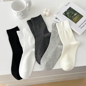 Einfarbige wadenlange Baumwollsocken Set, atmungsaktive Freizeitkleidung fuer Damen Fruehling.