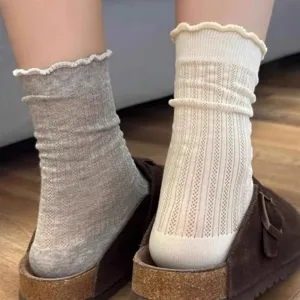 Women Casual Solid Color Crew Socks Summer Thin Breathable Lettuce Trim Ruffle Sweet Fashion Long Hosiery