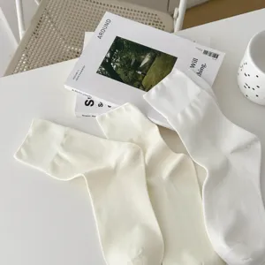 Detailansicht weisser einfarbiger Damen Baumwoll Socken, atmungsaktiv fuer Fruehling und Sommer.