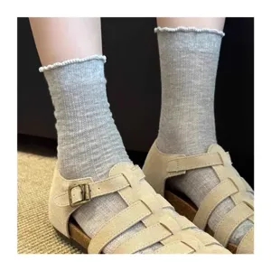Grey ruffled mid-calf socks for women, spring summer lightweight cute hosiery matching sandals.