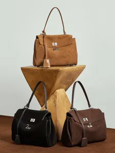 Luxury soft suede tote bag, large capacity shoulder crossbody bag with lock design for women.