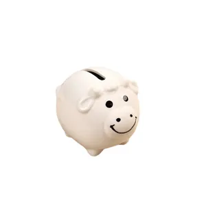 Cute white ceramic piggy bank money box for kids, lovely animal coin saving pot home decor.