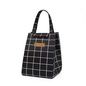 Black and white grid insulated lunch bag for office workers and students daily use.