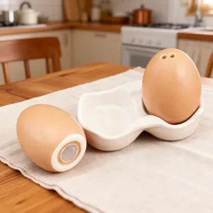 Ensemble de saliere et poivriere en ceramique forme oeuf avec support pour cuisine.