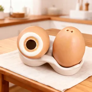 Ensemble de salière et poivrière en céramique en forme d'œuf avec support pour cuisine.