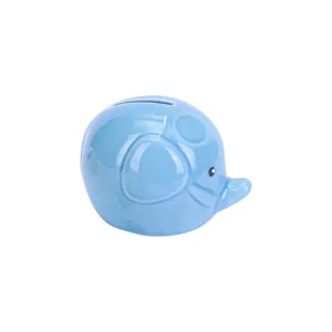 Cute ceramic elephant piggy bank, blue money saving box, desktop ornament gift for home decor.