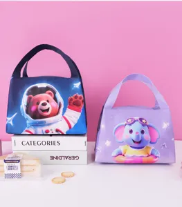 Cute cartoon lunch bag with astronaut bear and elephant designs, thermal insulated tote.