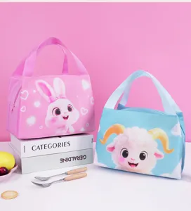 Detailed view of the cute cartoon rabbit and sheep insulated lunch bags, portable design.
